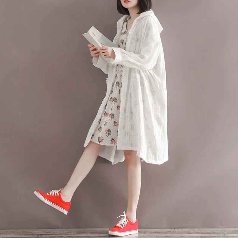 

Blouses Hooded Shirt MID-Long Tops For Women White Cotton 3/4 Sleeve Loose Shirts Summer Sun-Protection