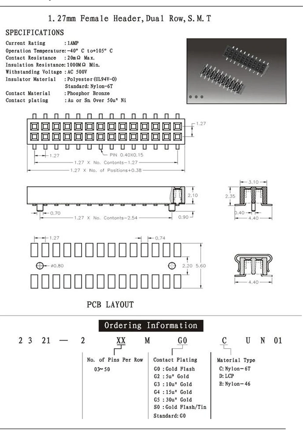 1.27 female header DUAL ROW smt Plastic Height 2