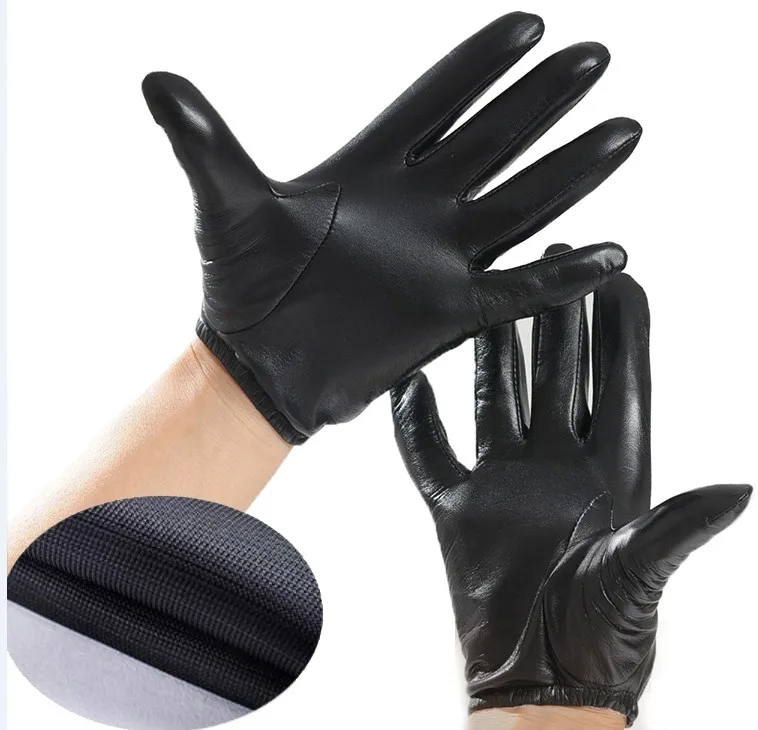 Мужские перчатки из натуральной кожи, Модные Классические Короткие наручные перчатки из натуральной овчины, черные перчатки для сенсорного экрана, брендовые зимние теплые варежки - Цвет: thin lining