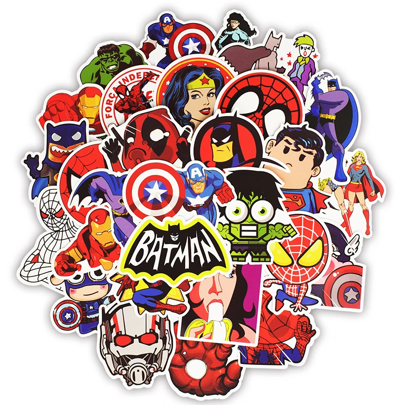 

50pcs Mixed Super Hero Stickers Funny Anime Kids Toy Sticker DIY Luggage Laptop Skateboard Motorcycle Bicycle Guitar Fridge