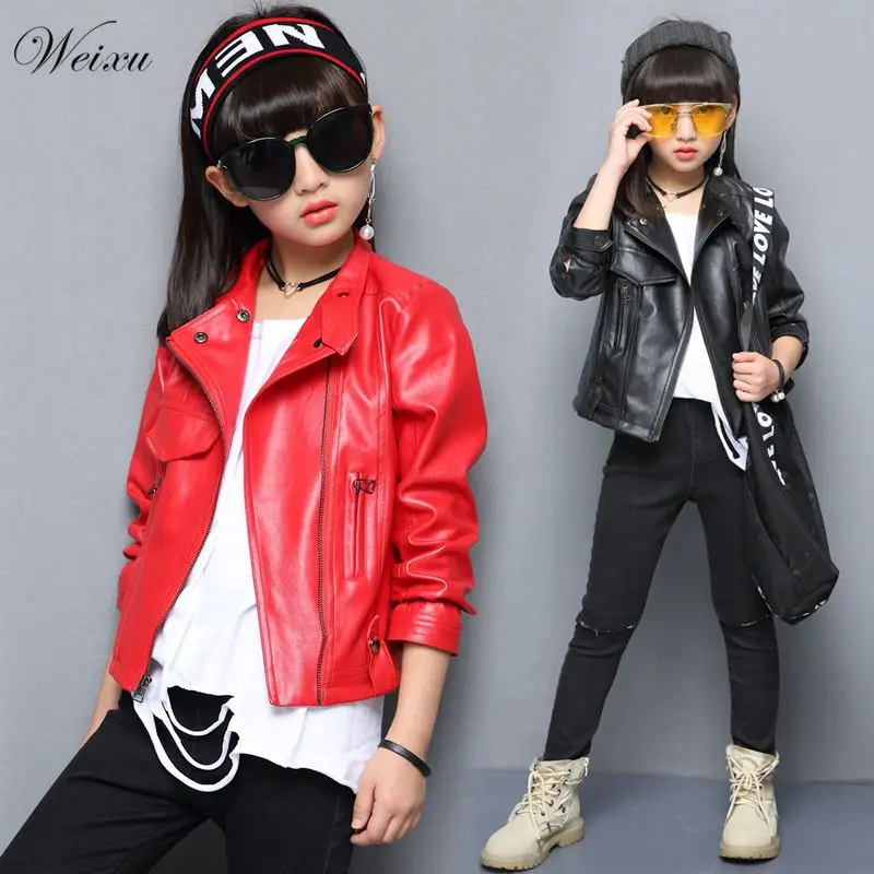 Weixu Children's Leather Jackets for Girls Fall 2019 Thin Black Toddler