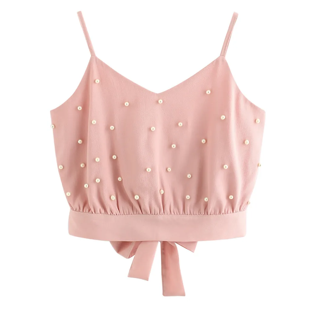 

Summer Bow Beading Camisole Vest Fashion Women Casual Chiffon Camisole Sleeveless Tops Solid Pearl Beading Camis Femme #400