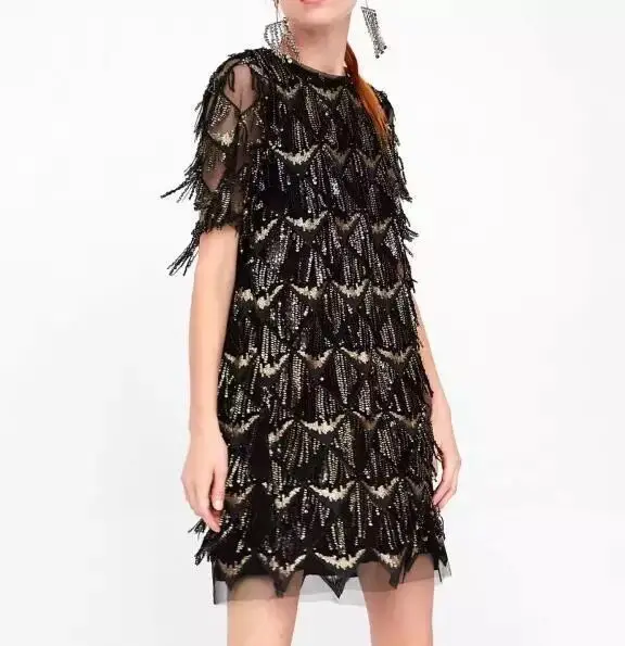 

Black Tassel Dress Sequin Celebrity Sexy Elegant Fashion Bodycon Evening Party Dresses Women