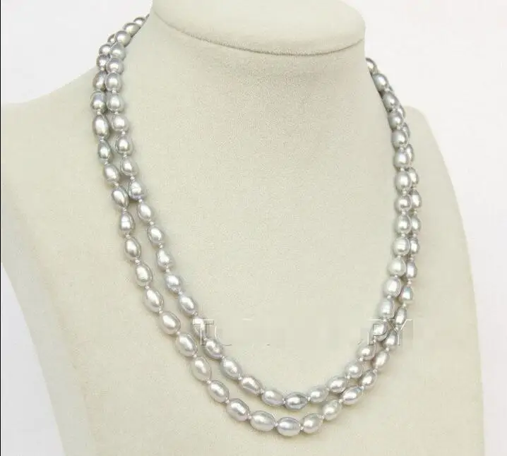 

Free shipping hot sale Women Bridal Wedding Jewelry >>16"-17" 2row 9mm rice gray freshwater pearls necklace E2627