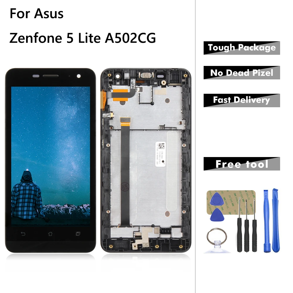 

Display For Asus Zenfone 5 Lite LCD Display Touch Screen Digitizer Assembly Replacement Parts A502CG LCD With Frame