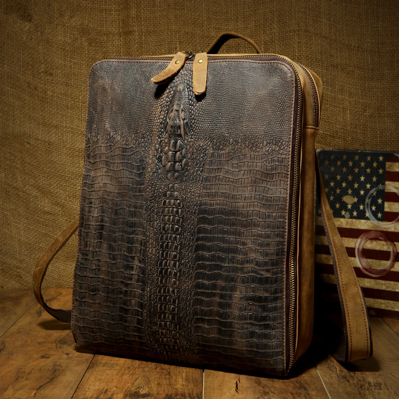 

2017 Genuine Leather Men Alligator Backpack Brand Designer Cowhide Messenger Shoulder Bag High-grade Vintage Zipper Bag for Male
