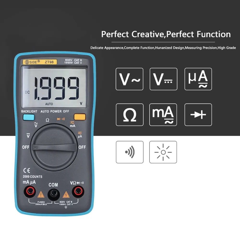 Цифровой мультиметр BSIDE ZT98, 2000 отсчетов, Автоматический диапазон DMM, подсветка AC/DC, амперметр, тестер напряжения, вольтметр, Ом, портативный измеритель