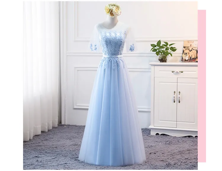 Robe De Soriee новые милые синие кружевные платья подружки невесты Длина до пола с коротким рукавом и аппликацией вечерние платья невесты на выпускной - Цвет: LONG C