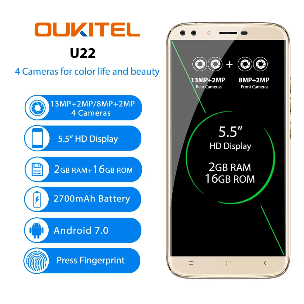 Oukitel U22 двойной Спереди сзади Камера MTK6580A 4 ядра Android 7 0 2 GB Оперативная память 16 Гб
