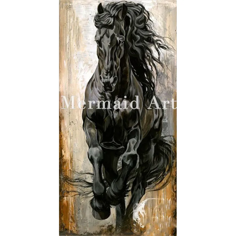 

high quality HandPaint art Oil Paintings Animal abstract black horse running Oil Painting On Canvas For room Artwork Home Decor