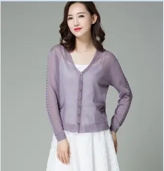 

Women's spring & summer hollow see through knitwear coat elegant lady v-neck linen knit thin outwear