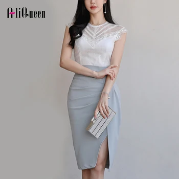 

2019 Summer 2 Piece Set Women Elegant Slim Cocktail Party Midi Sets Crochet Floral Lace Eyelash Top Slinky Skirt Two Piece Set
