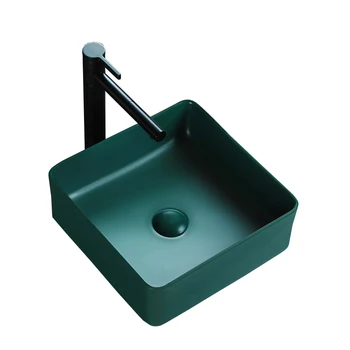 

Matte Green Square Ceramic Bathroom Sink Lavatory Color Basin Countertop Shampoo Sink Washbasin With Ceramic Pop-Up Drainer