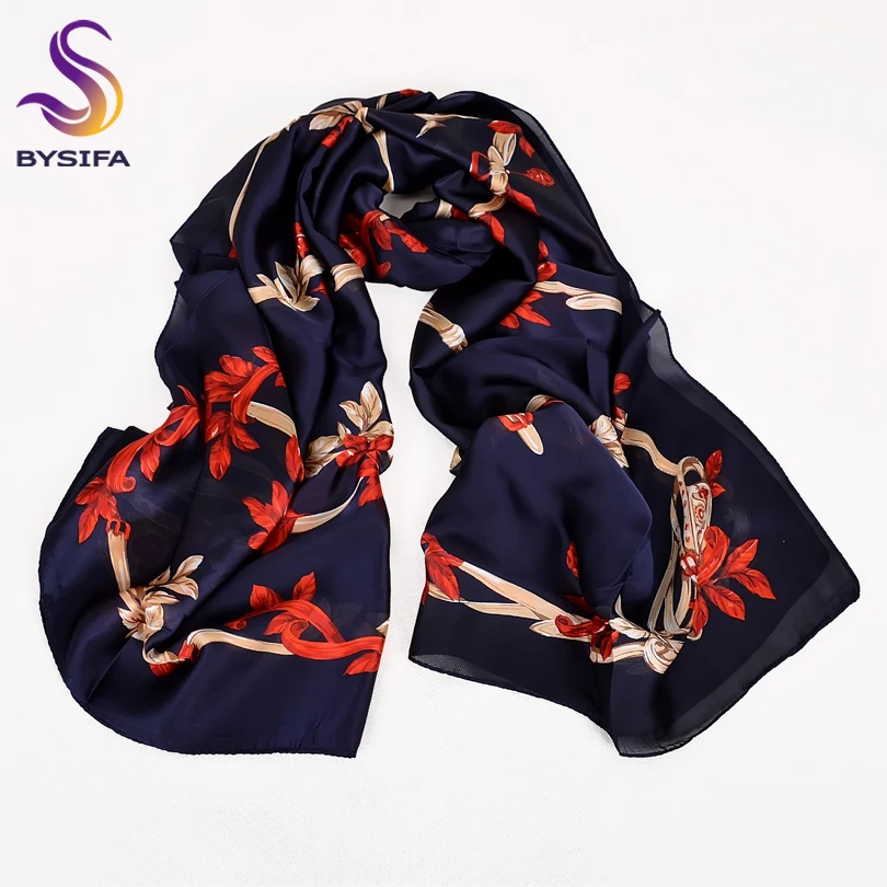 

[BYSIFA] Ladies Silk Scarf Shawl Fashion Navy Blue Red Flowers Women Long Scarves Wraps Spring Autumn Elegant Female Head Scarf