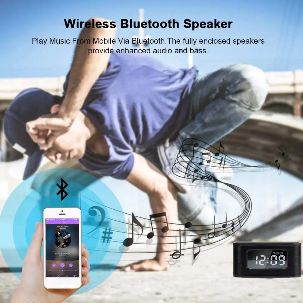  Altavoz bluetooth/cargador inalámbrico/Radio FM/reloj despertador/puerto cargador USB para IOS Andr