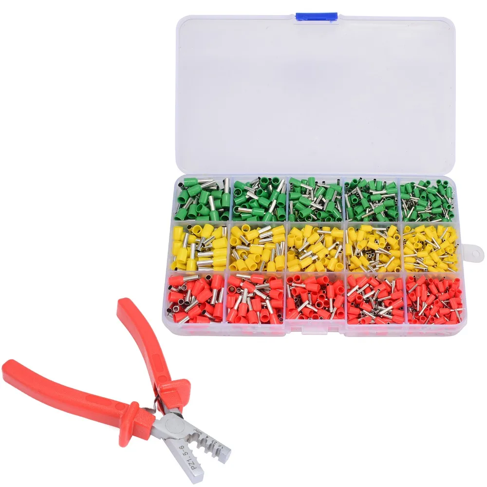 

990pcs Wire Crimp Connector Terminal Kit Set with Ferrule Crimper Plier Yellow Red Green