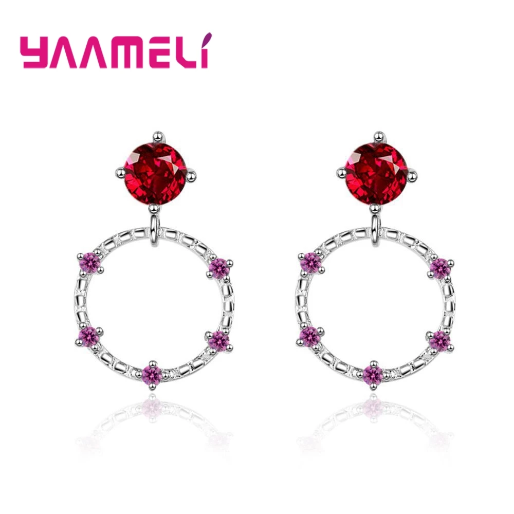 YAAMELI дешевый большой цена со скидкой 925 пробы Серебряные Серьги Два Цвет Круглый Кулон Красный кубический циркон кристалл для Для женщин