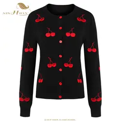 Sishion вишня печати Для женщин свитер с длинным рукавом Кардиганы для женщин 2018 г. модные тонкие трикотажные Винтаж черный кардиган женский