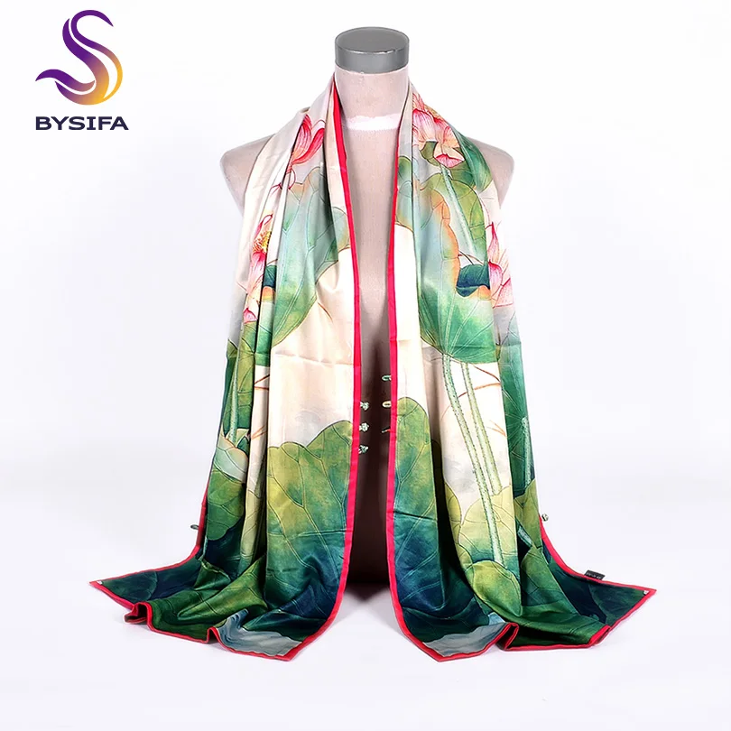 [BYSIFA] Женский армейский зеленый шелковый шарф шаль весна осень дизайн лотоса Длинные шарфы китайские винтажные пуговицы женские шарфы - Цвет: green lotus