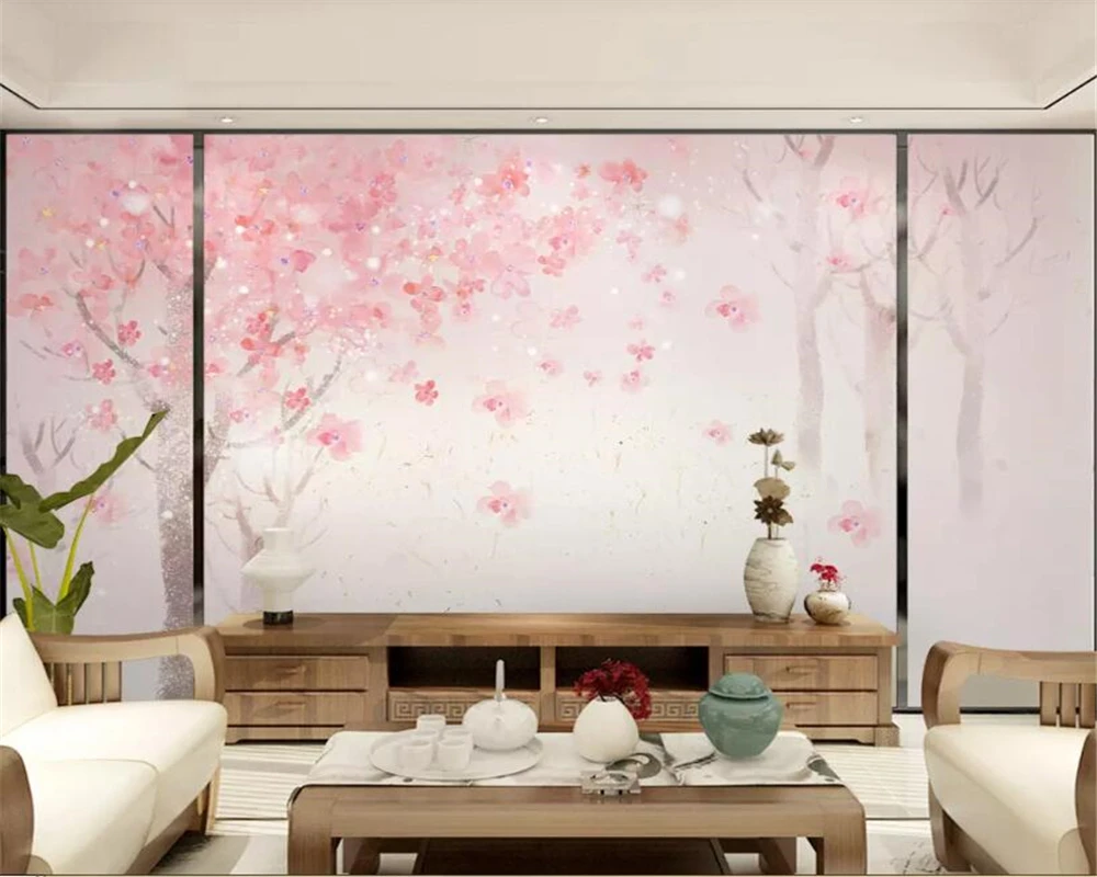 

Beibehang 3d wallpaper mural Hand painted watercolor romantic cherry tree children room background wall pink tree 3d wallpaper