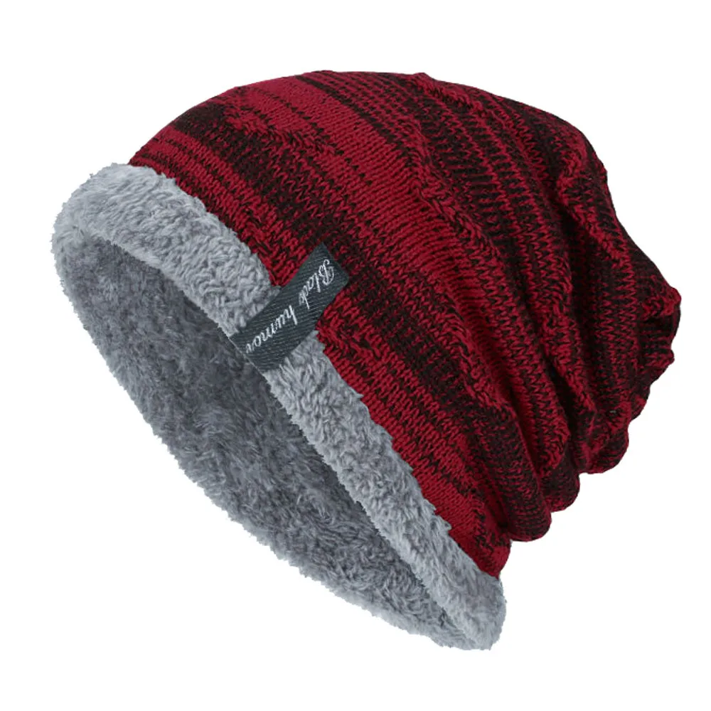 Boy Men Winter Hat Knit Scarf Cap Warm Fur Skullies Beanie Bonnet Hat Fleece dad cap Wool Hat Knitting gorros hombre invierno^40 - Цвет: Wine Red