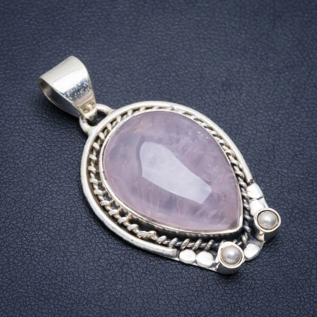 

Natural Rose Quartz Handmade Unique 925 Sterling Silver Pendant 1.5" A1993