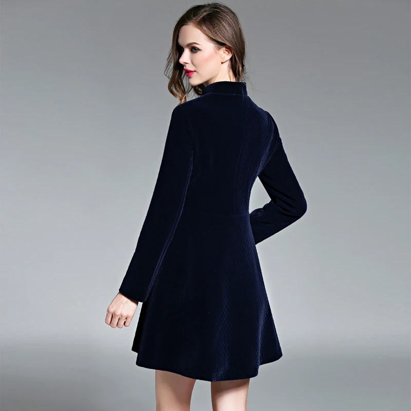 Zarachiel зимнее платье темно-синее с длинным рукавом однобортное приталенное платье с воротником-стойкой вельветовое платье трапециевидной формы винтажное платье