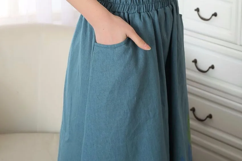 Синий китайская женская хлопок белье юбка Для женщин Винтаж длинные плиссированные юбки новые летние Повседневное свободные расклешенные