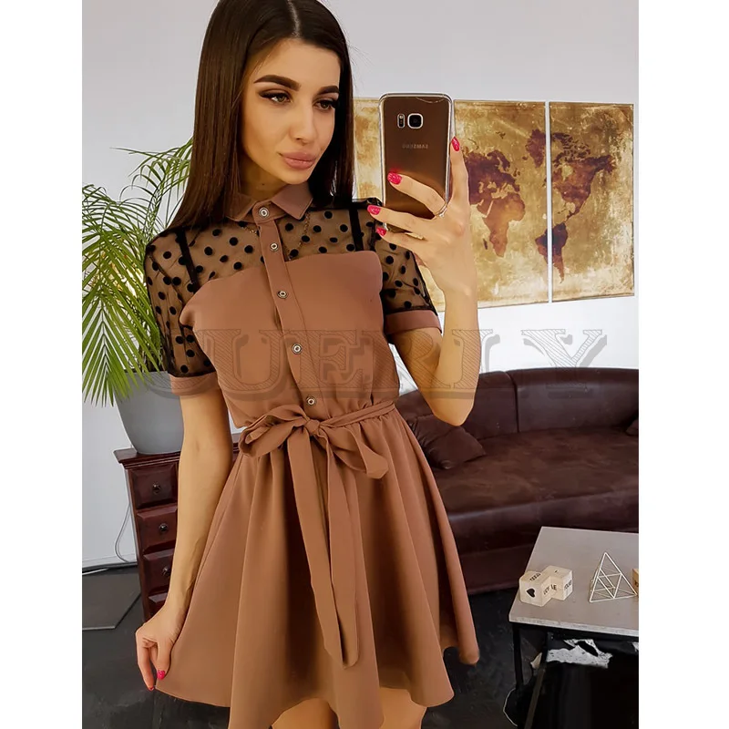 Image Cuerly Women Sexy Lace Patchwork Mini Dress Turn down Collar Sashes A line Party Dress 2019 Women Elegant Vintage Short Dresses