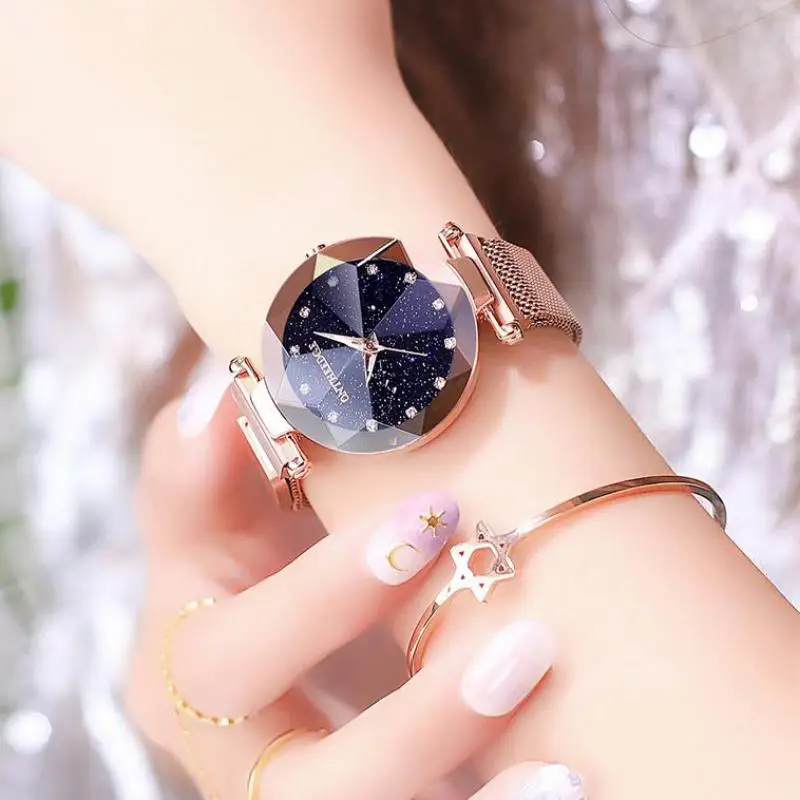 

Luxury Starry Sky Quartz Rhinestone Women's Watch Fashion Trend Waterproof Round Mineral Tempered Glass Mirror Ladies Watch