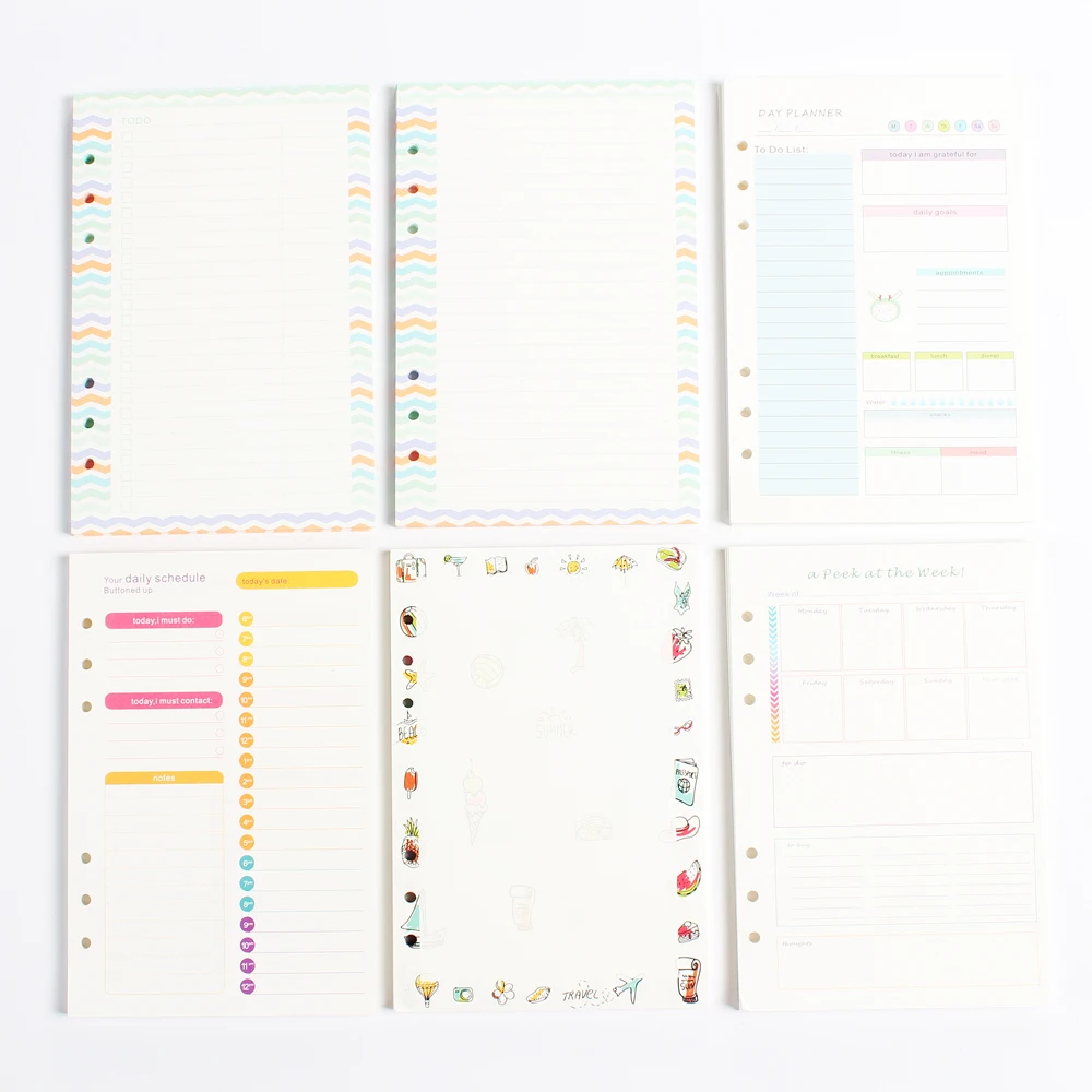 

New original creative 6 holes spiral notebooks inner paper core/refilling paper:line,blank,daily planner,weekly planner A5 A6