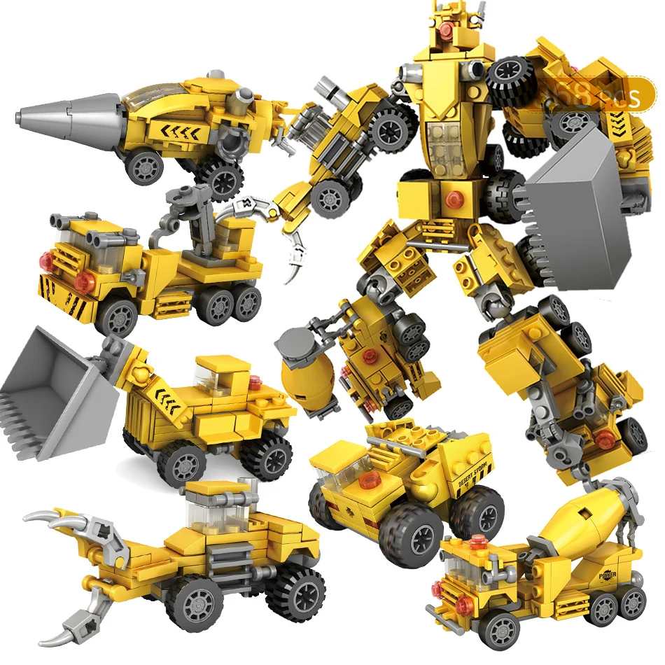 368PCS 6in1 City Engineer Vehicles Transform Building Blocks Set Robot Car Truck Model Compatible Legoingly Technic Kids Toys