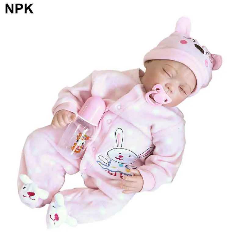 

22inch Silicon Newborn Lifelike Sleeping Closed Eyes Baby Doll Rabbit Pattern Pink Onesies Hat Early Childhood Kids Toys