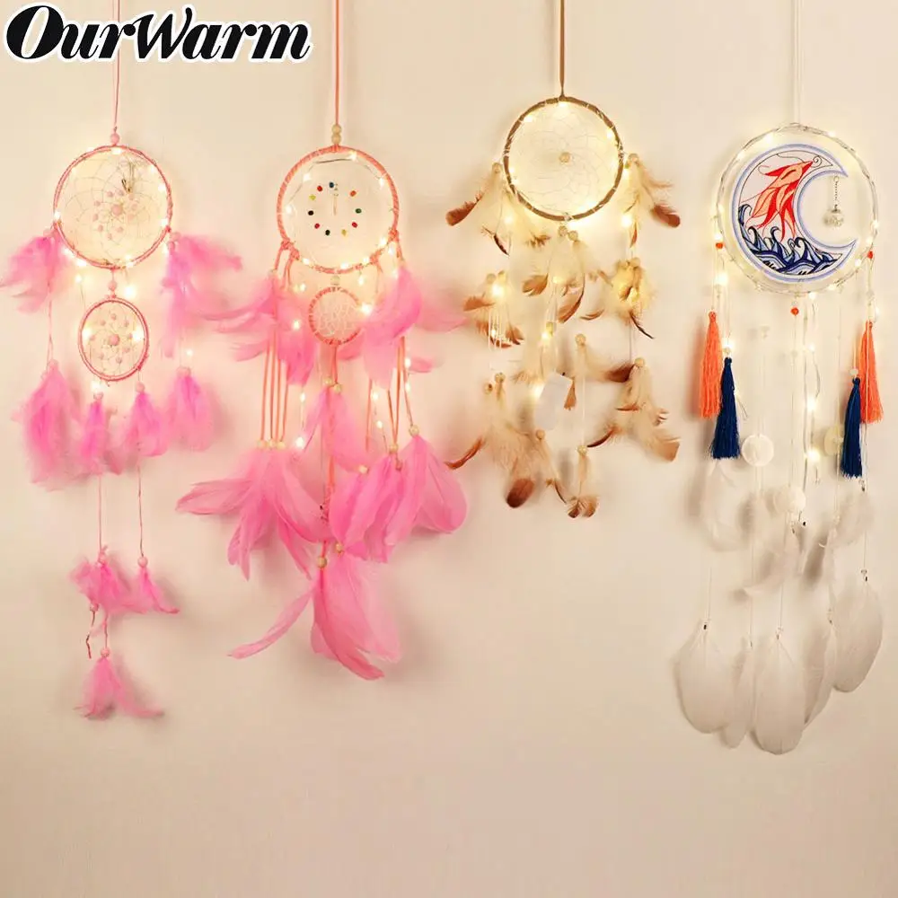 

OurWarm LED Pink Dream Catcher Decor Feather Crafts Wind Chimes Girl Bedroom Kids Room Wall Hanging Decoration Gift