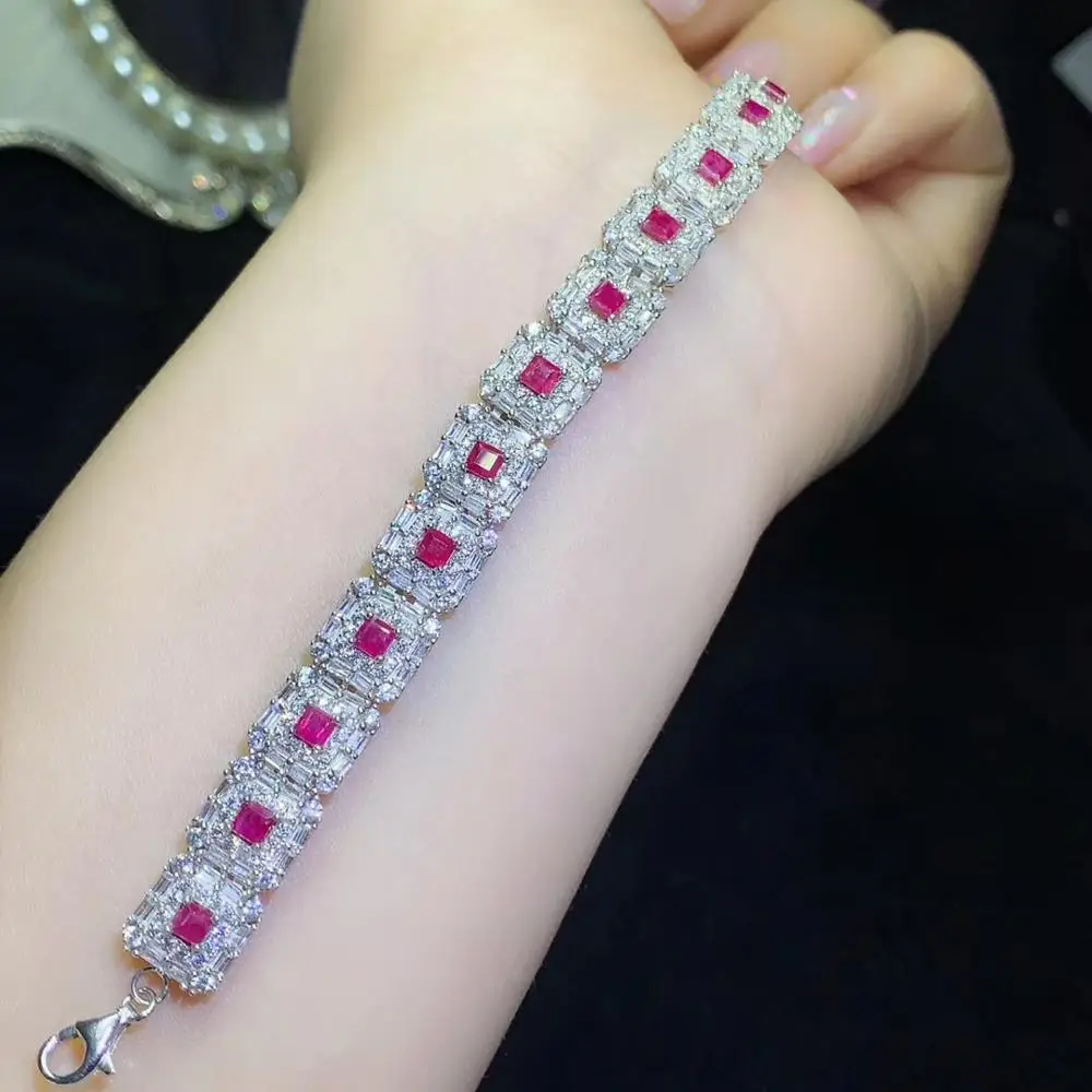  Élégant belle simple carré naturel rouge rubis gemme Bracelet naturel pierre gemme Bracelet 925 arg
