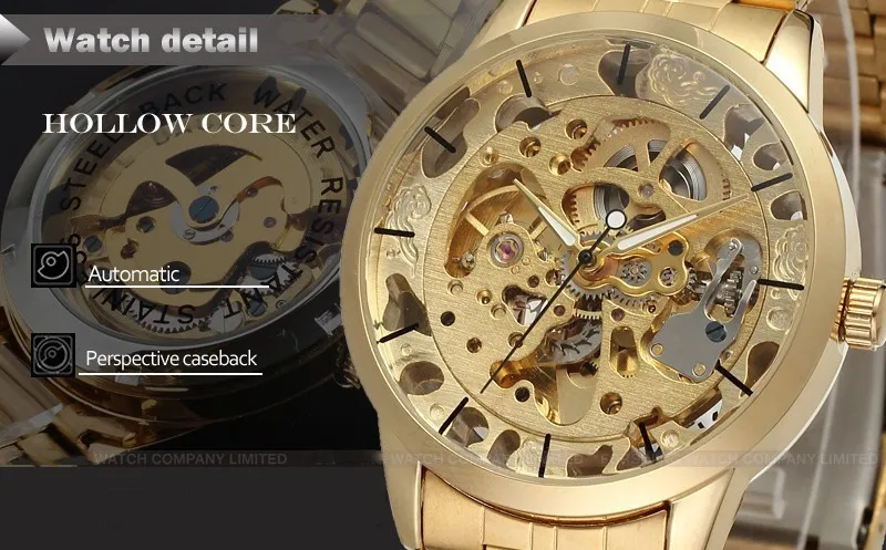 Men's Watch All Stainless Steel Transparent Automatic Mechanical Watch Skeleton Gold Steampunk Clocks Men Relogio Masculino 2018