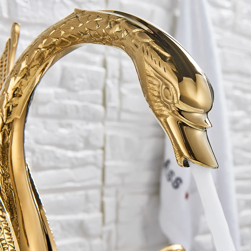 quyanre wanfan gold 3pcs swan basin faucet dual handles mixer tap hot cold water mixer tap bathroom basin sink faucet312