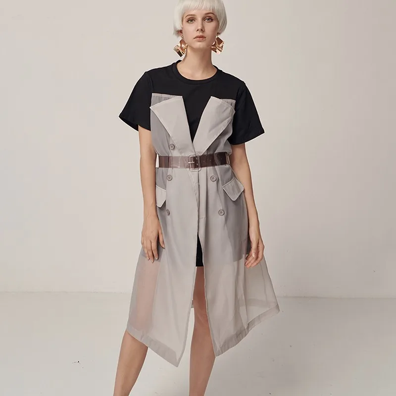 

[EWQ] 2019 Summer New Pattern Round Collar Short Sleeve Fake Two Piece Patchwork Double Breasted Vintage Dress Women AG30202