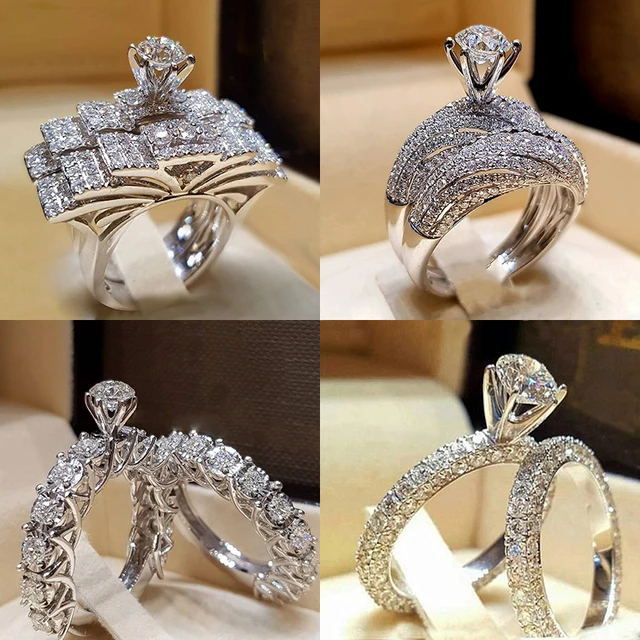 Conjunto de anillos de boda elegantes para mujer, Color plateado