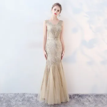 

Holievery Gold Tulle with Sequins Mermaid V Neck Evening Dress with Bow 2019 Long Party Dresses Elegant