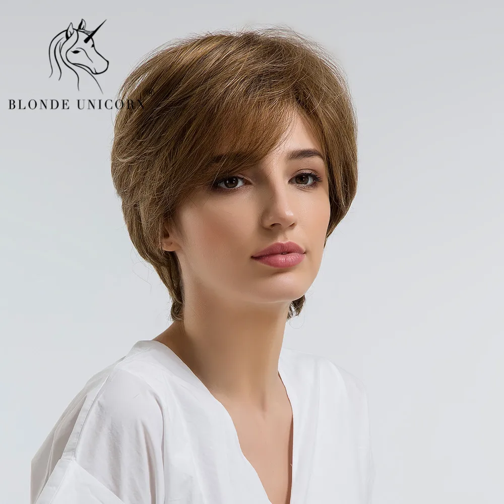 

BLONDE UNICORN Synthetic Hair Wigs Brown Straight Multi-layers 10 Inch Short Wigs With Side Bangs Free Shipping