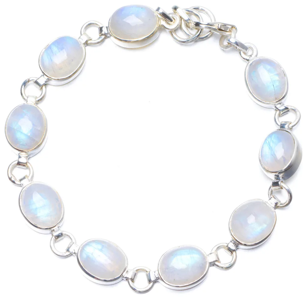 

Natural Rainbow Moonstone Handmade Unique 925 Sterling Silver Bracelet 7 1/2-7 3/4" Y0879