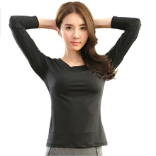 Топ для йоги быстросохнущая Спортивная Для женщин эластичные дышащие одежда сплошной черный женский с длинным рукавом для девочек, футболка