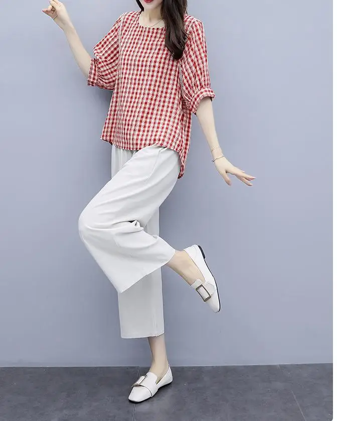M-4xl, хлопок, лен, два предмета, наборы, наряды для женщин, плюс размер, клетчатые блузки и брюки, костюмы, корейский стиль, элегантные, повседневные, 2 шт, наборы - Цвет: red and white