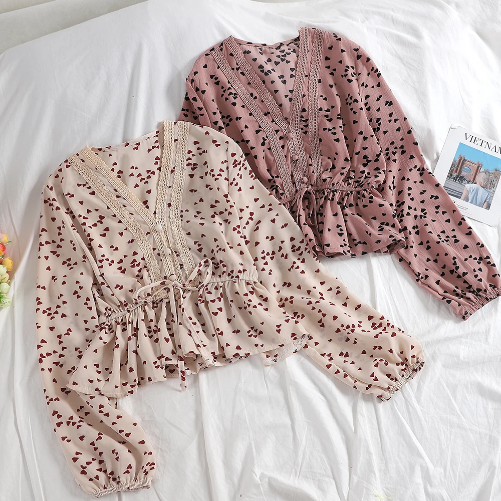 

Women V-neck Lantern Sleeve Bandage Lace Up Bow Shirt New Vintage Short Slim High Waist Love Heart Chiffon Pullover Blouse Tops