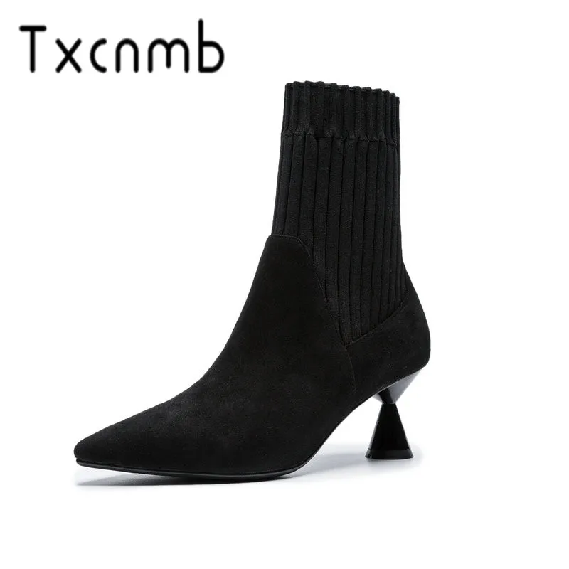 

TXCNMB Suede Leather Boots Women Natural Suede Leather Ankle Boots Women Fashion Pointed Toe High Heel Ladies Shoes Woman