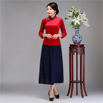 

red Vintage Chinese Blouse Skirt Sets Womens Shirt Tops Mandarin Collar 2pc Clothing Summer Cheongsam Qipao Dress Size M-XXXL