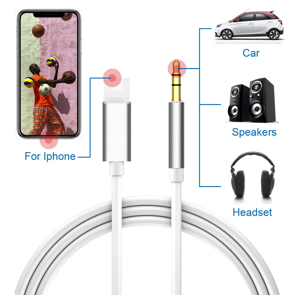 Для перехода от разъема Lightning к 3,5 мм Джек аудио кабель для автомобиля AUX для iPhone 7 8 X XS XR адаптер передачи аудио кабель со штыревыми соединителями на обоих концах для подключения наушники AUX кабель