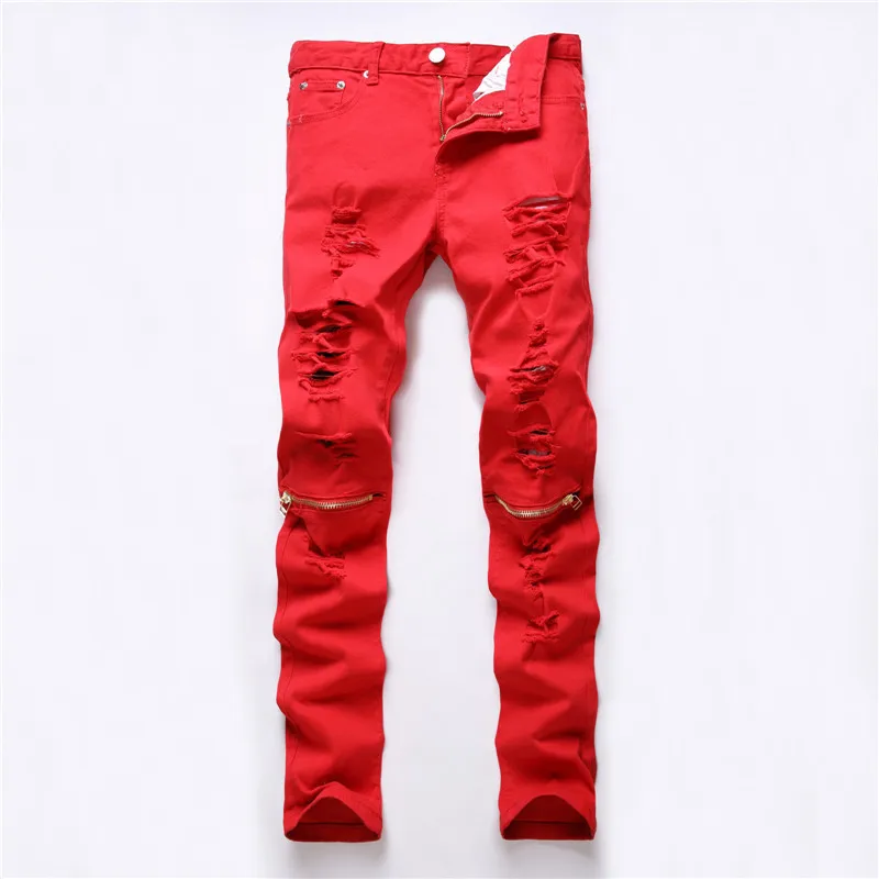 

New Dropshipping Red White Black Ripped Denim Knee Hole Zipper Biker Jeans Men Slim Skinny Torn Jean Pants Cotton Women Jeans