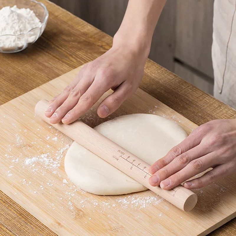 

Kitchen Wooden Rolling Pin With Scale Natural Beech Smooth Dough Roller Home Pastry Bread Baking Tools Kitchen Accessories 1PC